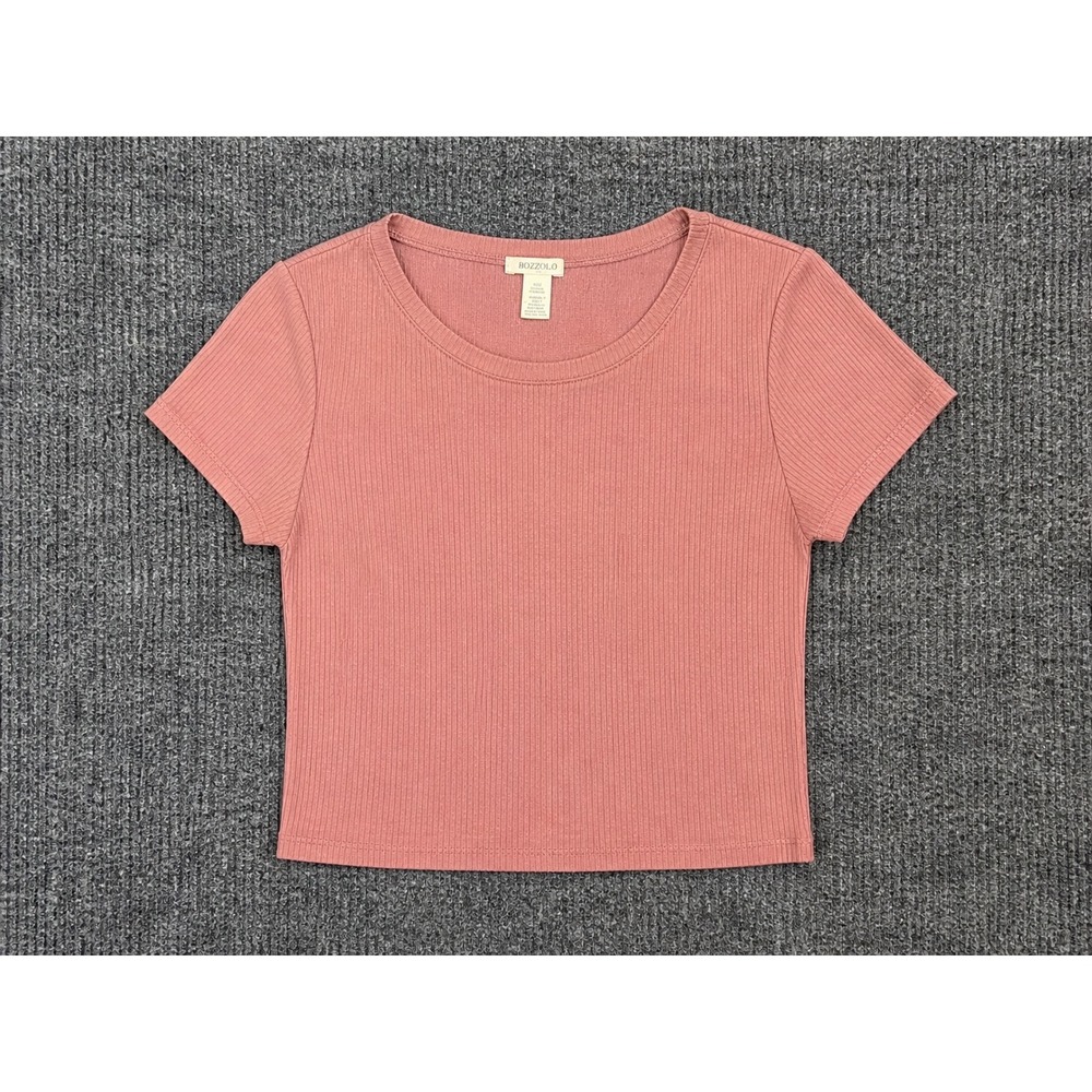 Bozzolo Womens Ribbed Knit Short Sleeve Crop Top Dusty Rose Pink Large